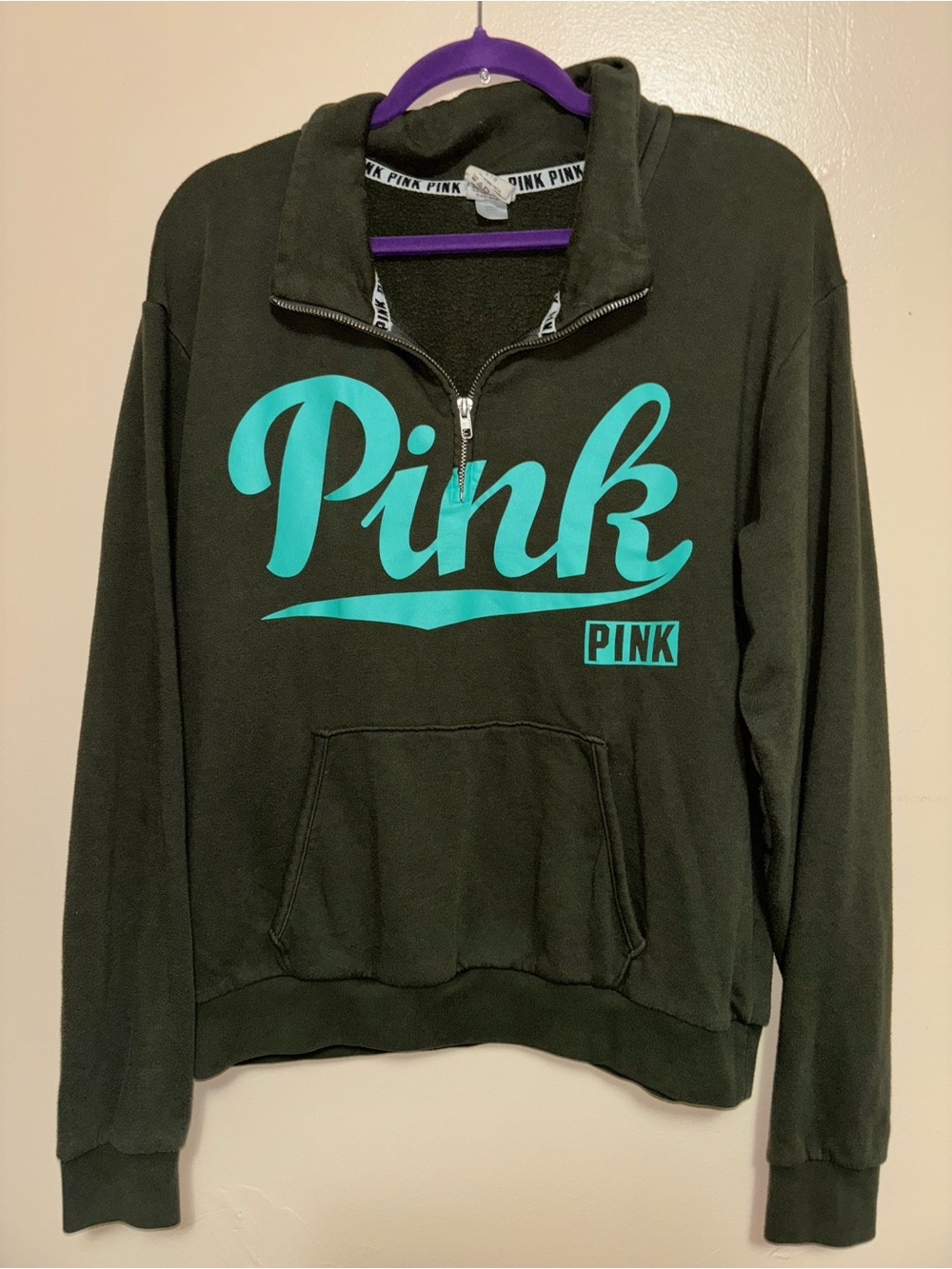 PINK Victoria's Secret Dark Green Half-Zip Sweatshirt with Teal Logo